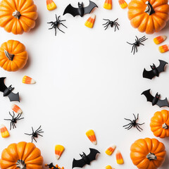 Halloween cookies shaped like pumpkins, ghosts, and bats positioned in a circle on white background