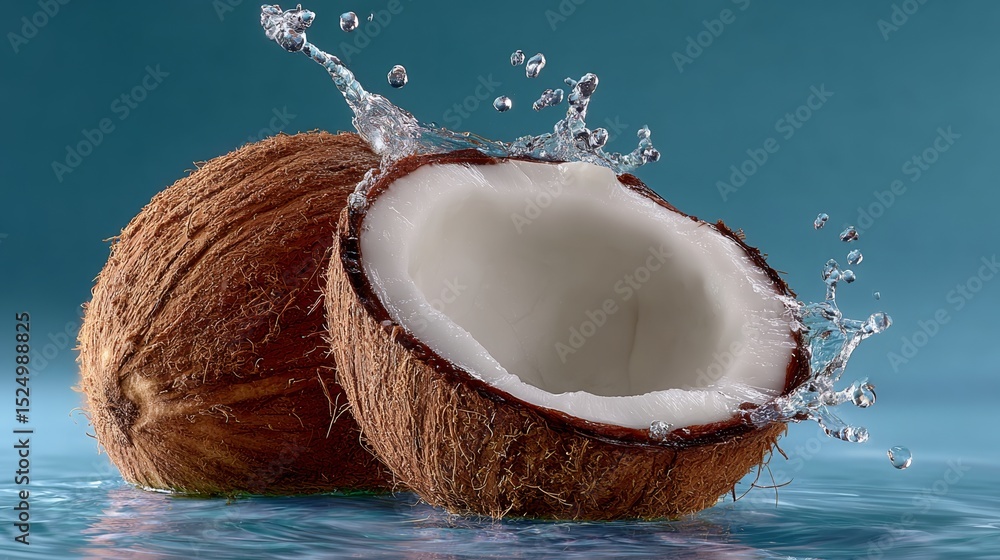 Poster two coconuts are floating in water with one of them cut open. the water is splashing around the coco
