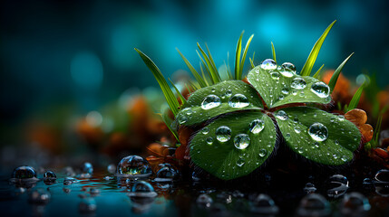 close up of dew covered clover and grass blades
