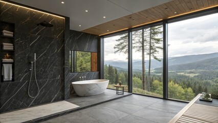Fototapeta premium Luxurious Modern Bathroom Design with Stunning Mountain View Panoramic Windows