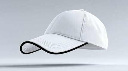 White baseball cap with a black band sits on a white background. The hat is tilted and he is floating in midair