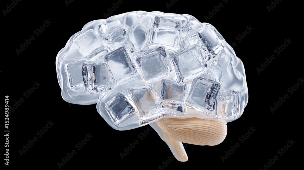 Poster brain with ice cubes in it. the brain is shown in a clear plastic case. the ice cubes are scattered 