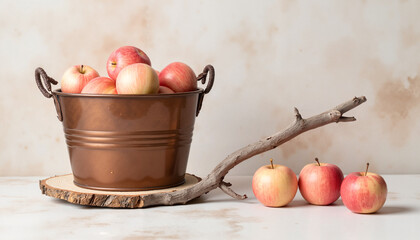 Fresh apples in a metal bucket on a wooden board with branch