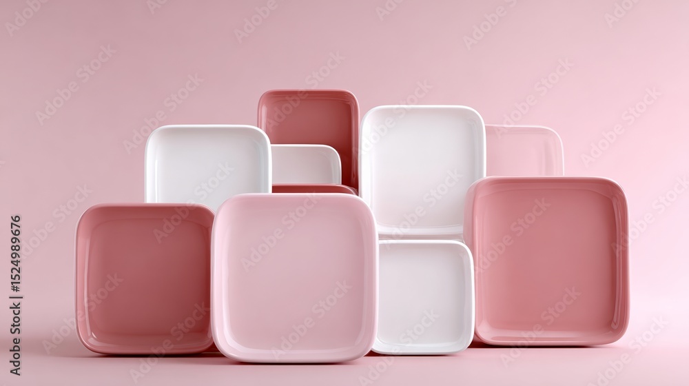 Poster collection of white and pink plates are displayed in a row, with the white plates in between the pin