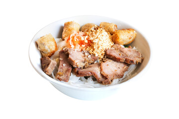The Photo of a Vietnam food, rice noodle with roasted pork on a white background, taken with a 45Mp high resolution camera.