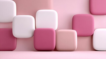 Obraz premium Wall of pink squares with white squares in between. The pink squares are arranged in a way that creates a sense of depth and dimension. The white squares add contrast