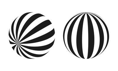 Striped 3d sphere. Abstract spiral ball with black and white lines. Vector illustration.