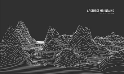 Contour mountain landscape. Waved line art. Abstract minimal topographic map. Contour lines with elevations and terrain depth. Vector illustration.