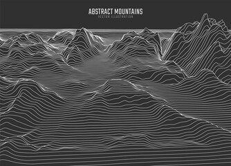 Contour mountain landscape. Waved line art. Abstract minimal topographic map. Contour lines with elevations and terrain depth. Vector illustration.