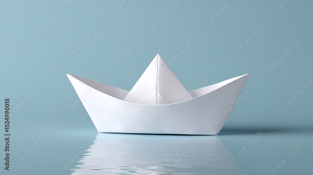 Poster paper boat is floating on the water. the boat is small and white, and it is the only thing visible i