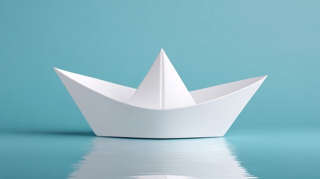 White paper boat is floating on the water. The boat is small and has a triangular shape. The water is calm and the sky is blue. Concept of peace and tranquility