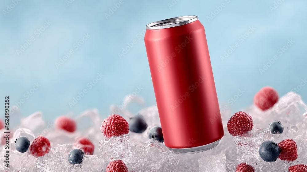 Poster can of soda is on top of a pile of ice and fruit. the soda can is red and the fruit is blue and purp