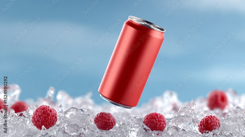 Poster can of soda is floating in the air above a bed of raspberries. the can is red and the raspberries ar