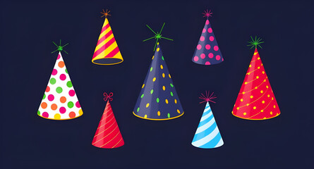 Party hats set, Birthday party hats, Colorful party hats, Cone party hats, Kids party hats, Festive hats set, Celebration hats, Party hat clipart, Party hat vector, Party hat illustration, Party hat i