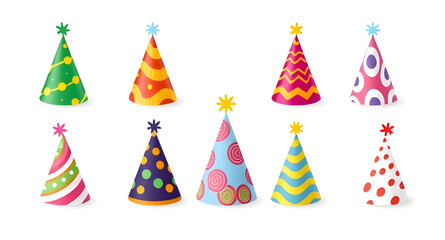 Party hats set, Birthday party hats, Colorful party hats, Cone party hats, Kids party hats, Festive hats set, Celebration hats, Party hat clipart, Party hat vector, Party hat illustration, Party hat i