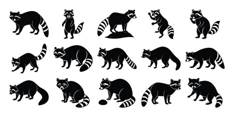 Raccoon Silhouette Vector Set – Wildlife Poses for Logo, Sticker, and Nature Illustration Use