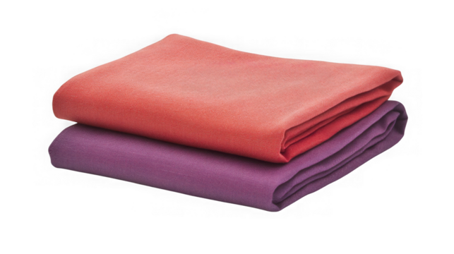 Two folded fabric swatches coral and purple isolated on transparent background