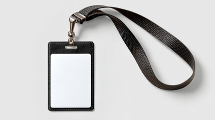 Black lanyard with a white tag attached to it. The tag is empty and has a clip on it