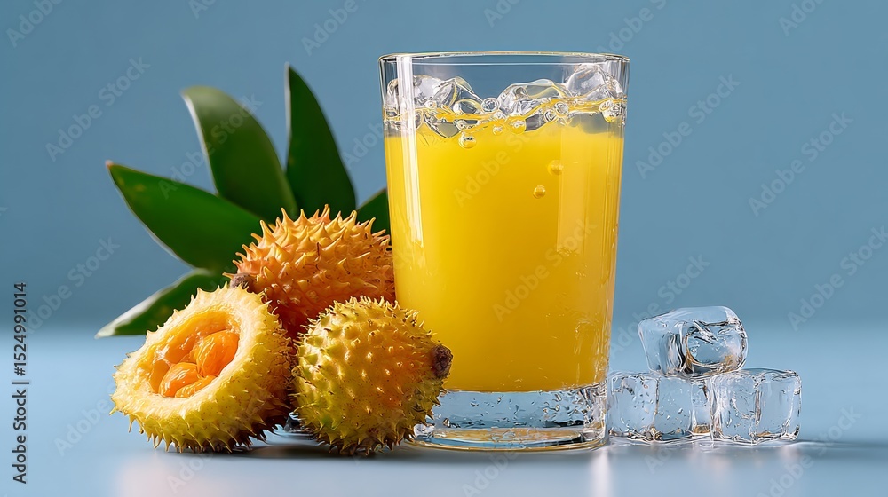 Poster glass of orange juice is on a table with a bunch of fruit, including a few oranges and a lime. the j