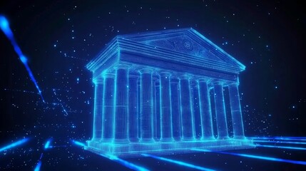 Futuristic digital banking icon depicting a building with columns.