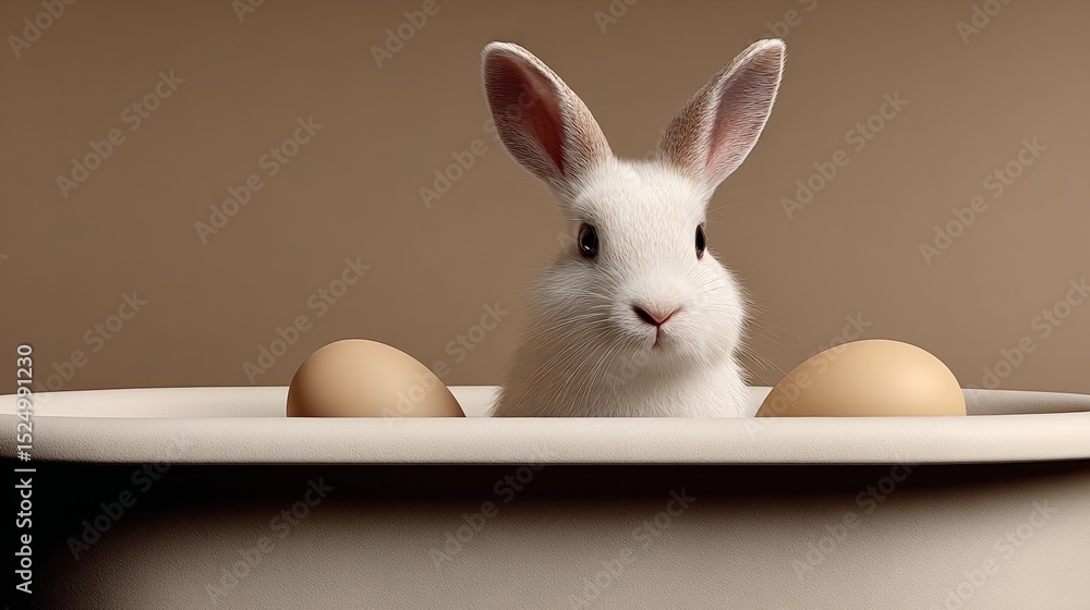 Poster white rabbit is looking at the camera while standing in a bowl with two eggs. the scene is playful a
