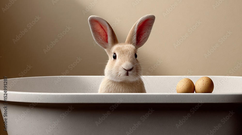 Poster rabbit is in a bathtub with two eggs. the rabbit is looking at the eggs and seems curious about them