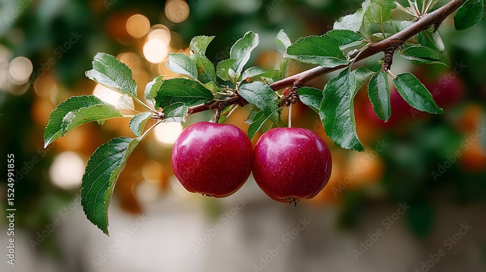 Poster two red apples hanging from a tree branch. the apples are ripe and ready to be picked. concept of ab