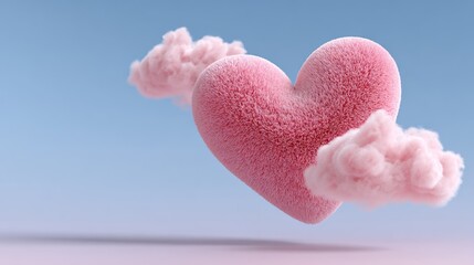 Obraz premium Pink heart is floating in the sky above a fluffy cloud. The heart is surrounded by a soft, fuzzy texture that gives it a dreamy, whimsical appearance. Concept of love, warmth, and tenderness