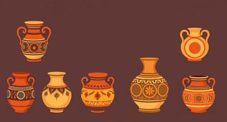 Pottery set vector, Ceramic pots illustration, Clay pottery icons, Handmade pottery clipart, Traditional pottery vector, Set of clay jars, Decorative pottery art, Pottery collection vector, Rustic pot