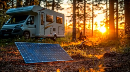 Camping area and RV fade into the background, highlighting renewable energy.