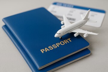 Two blue passports with airplane model and boarding pass on transparent background, travel agency concept