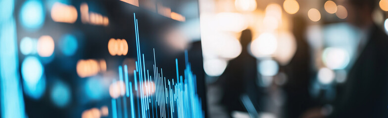 Illuminated financial charts display upward trending business analytics with glowing blue accents and defocused background