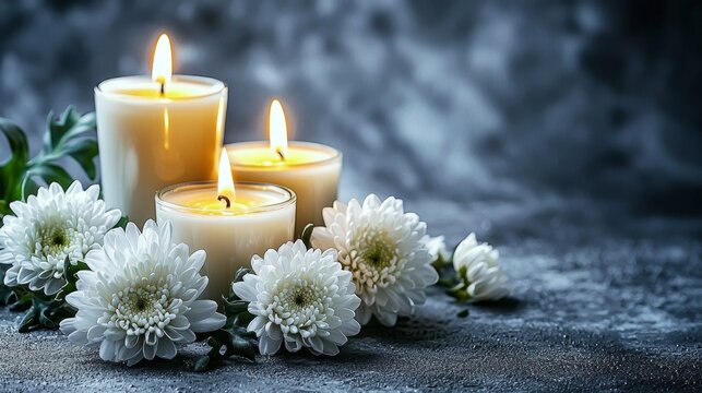 Serene background for condolence imagery showcasing lit candles and white chrysanthemums. - Powered by Adobe