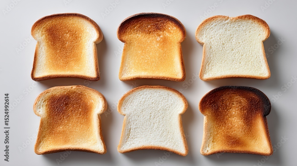 Poster six slices of toast, each with a different level of browning. the top slice is the darkest, while th