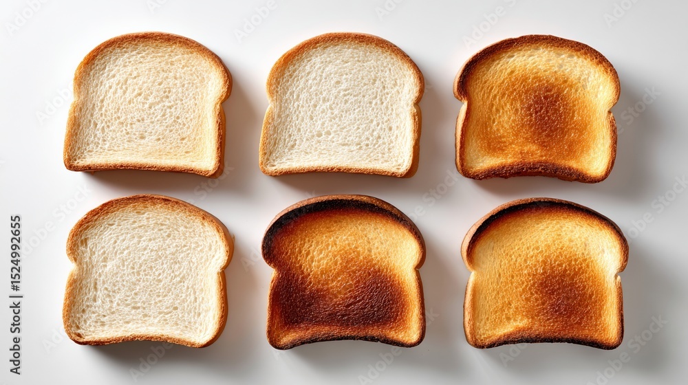 Poster six slices of toast, each with a different level of browning. the first slice is barely toasted, whi