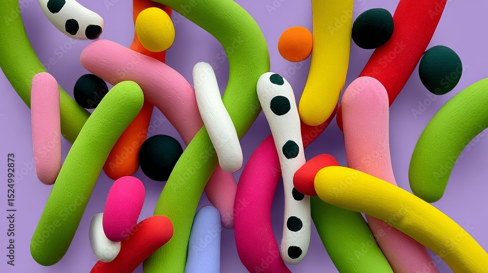 Poster colorful assortment of squiggly, colorful, and oddly shaped objects. the objects are made of a soft,