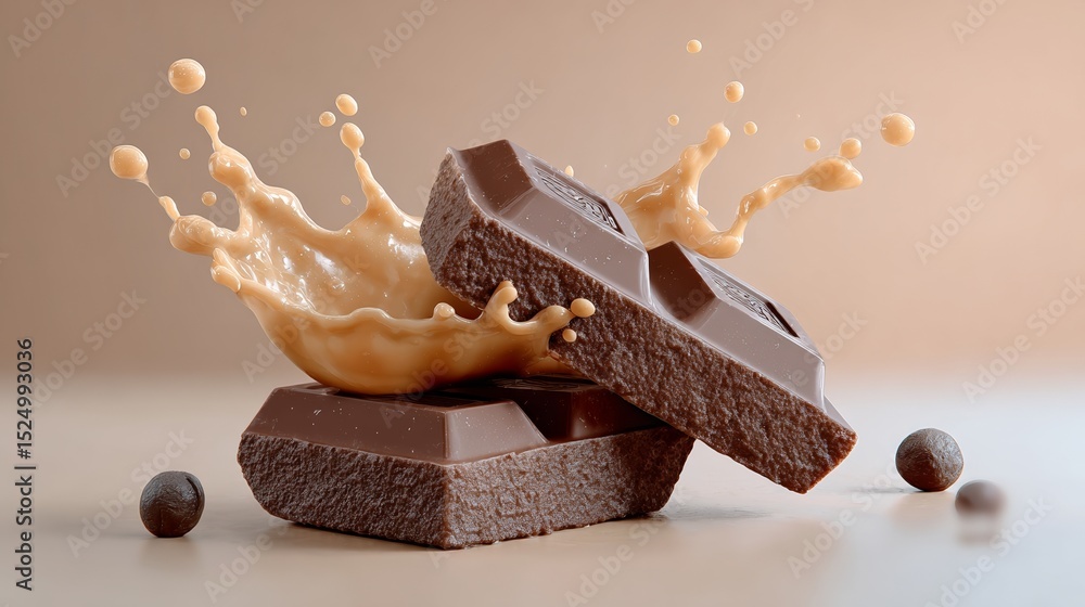 Poster chocolate bar is on a table with a splash of milk. the chocolate bar is cut in half and the milk is 