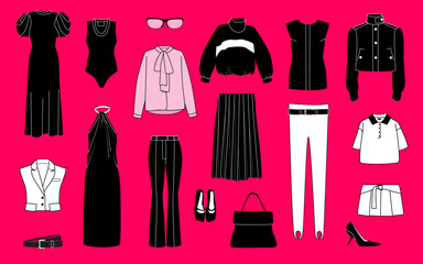Trendy women’s fashion flat lay set. Vector illustration of stylish black and white clothing, shoes, accessories on bright pink background. Perfect for fashion design, wardrobe, or shopping content.