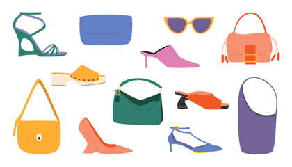 Vibrant flat vector illustration featuring a modern collection of women’s fashion accessories. Perfect for fashion branding, online boutiques, beauty blogs, packaging design and editorial content. 
