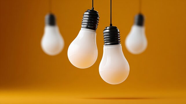 Close up of four light bulbs hanging from a ceiling. The bulbs are all white and are positioned at different angles. Concept of brightness and illumination