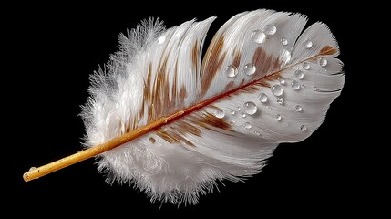 Feather with droplets of water on it. The feather is white and brown. The droplets of water on the feather give it a sense of freshness and life