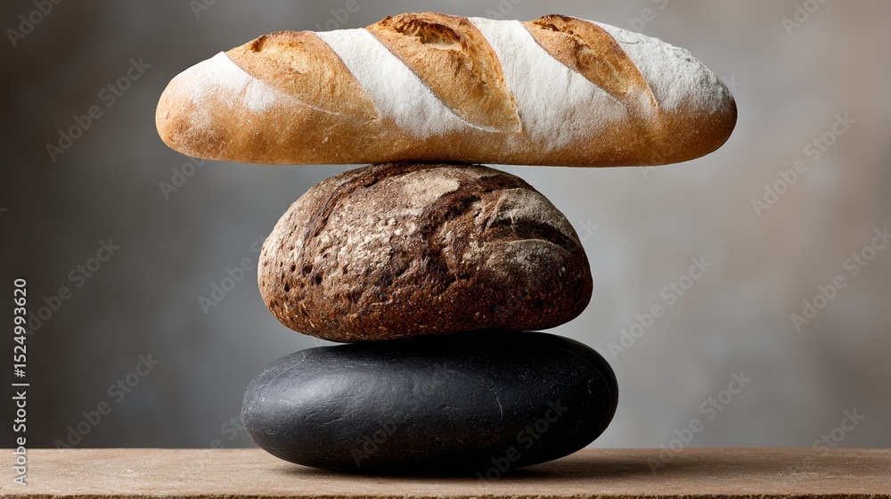 Aufkleber three loaves of bread stacked on top of each other with a black rock in between. concept of stabilit