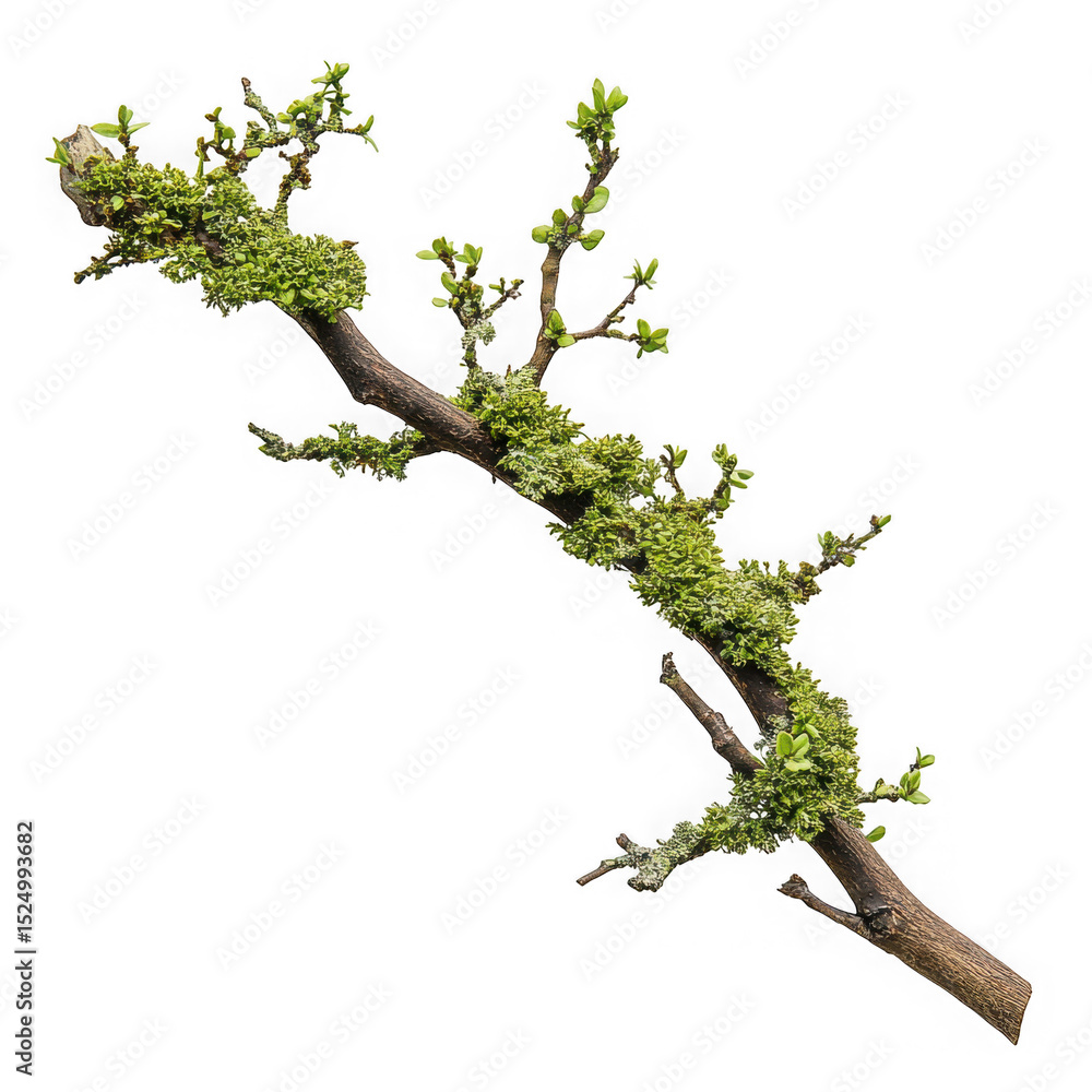 Poster moss covered branch with new spring leaves isolated on transparent background