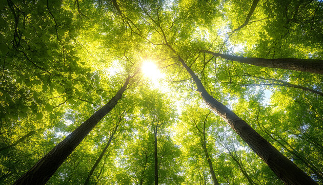 forest canopy with the sun and bright green leaves in the sunshine. Tall beech trees