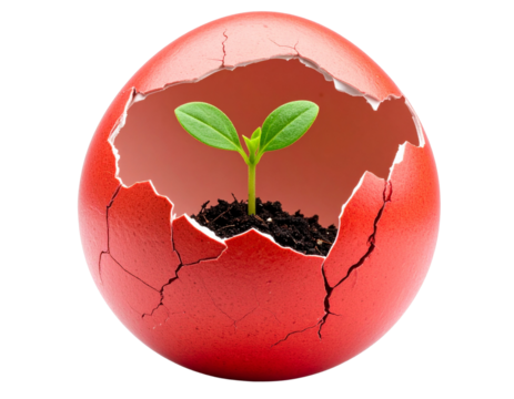 Cracked Red Eggshell with Green Sprout Growing, isolated on transparent background