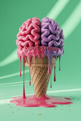Playful Ice Cream Cone Featuring Pink and Purple Dripping Brain Design with 'Sweet Dreams' Inscription on Vibrant Green Background