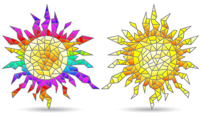 Set of illustrations in stained glass style with abstract suns, elements isolated on a white background