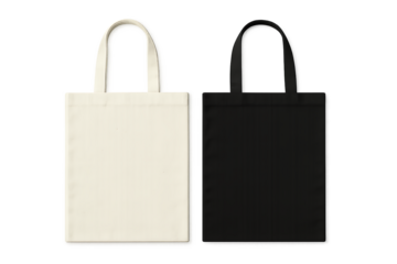 Two blank tote bags, one white and one black, with fabric handles on transparent background; concept for branding, packaging, and merchandise design