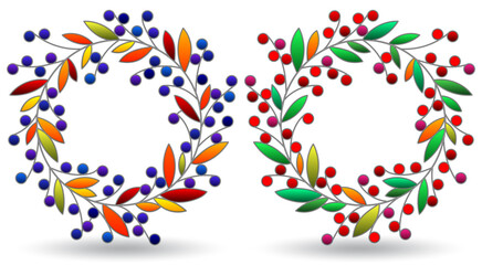 A set of stained glass illustrations with floral wreaths with berries and leaves, isolated on a white background