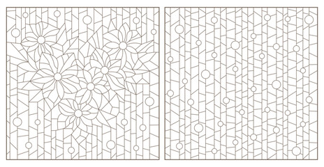 Set of contour illustrations of stained glass Windows with abstract flowers, oval  and square images, dark outlines on white background